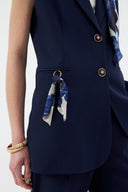 Women's Navy Blazer Vest with Scarf Detail and Wide-Leg Trousers