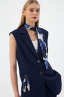 Women's Navy Blazer Vest with Scarf Detail and Wide-Leg Trousers