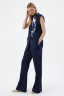 Women's Navy Blazer Vest with Scarf Detail and Wide-Leg Trousers