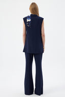 Women's Navy Blazer Vest with Scarf Detail and Wide-Leg Trousers