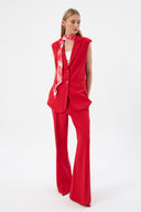 Women's Red Blazer Vest with Scarf Detail and Wide-Leg Trousers