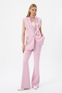 Fular Detaylı Kadın Pembe Blazer Yelek ve Geniş Paça Pantolon