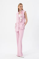 Fular Detaylı Kadın Pembe Blazer Yelek ve Geniş Paça Pantolon