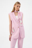 Women's Pink Blazer Vest with Scarf Detail and Wide-Leg Trousers