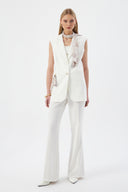 Fular Detaylı Kadın Ekru Blazer Yelek ve Geniş Paça Pantolon