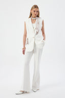Women's Off-White Blazer Vest with Scarf Detail and Wide-Leg Trousers