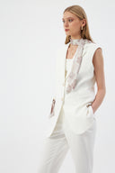 Women's Off-White Blazer Vest with Scarf Detail and Wide-Leg Trousers