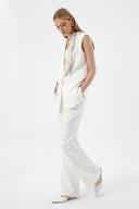 Women's Off-White Blazer Vest with Scarf Detail and Wide-Leg Trousers