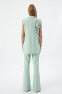 Women's Mint Blazer Vest with Scarf Detail and Wide-Leg Trousers