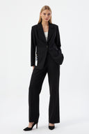 Black Women's Jacket and Pants Suit with Single Button and Belt Detail Blazer