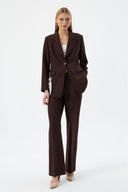 Brown Women's Jacket and Pants Suit with Single Button and Belt Detail Blazer