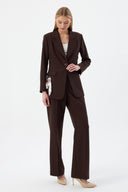 Brown Women's Jacket and Pants Suit with Single Button and Belt Detail Blazer