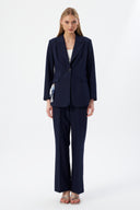 Navy Blue Women's Jacket and Pants Set with Single Button and Belt Detail Blazer