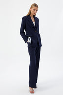 Navy Blue Women's Jacket and Pants Set with Single Button and Belt Detail Blazer