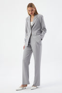 Grey Women's Jacket and Pants Set with Single Button and Belt Detail Blazer