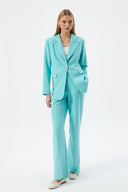Turquoise Women's Jacket and Pants Set with Single Button and Belt Detail Blazer
