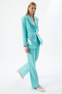 Turquoise Women's Jacket and Pants Set with Single Button and Belt Detail Blazer