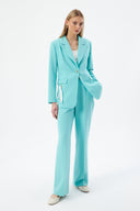 Turquoise Women's Jacket and Pants Set with Single Button and Belt Detail Blazer