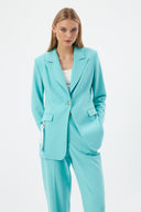 Turquoise Women's Jacket and Pants Set with Single Button and Belt Detail Blazer