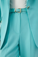 Turquoise Women's Jacket and Pants Set with Single Button and Belt Detail Blazer