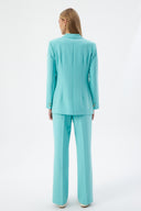 Turquoise Women's Jacket and Pants Set with Single Button and Belt Detail Blazer