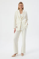 Off-white Women's Jacket and Pants Set with Single Button and Belt Detail Blazer