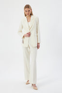 Off-white Women's Jacket and Pants Set with Single Button and Belt Detail Blazer