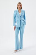 Baby Blue Women's Jacket and Pants Set with Single Button and Belt Detail Blazer