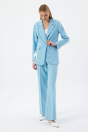 Baby Blue Women's Jacket and Pants Set with Single Button and Belt Detail Blazer