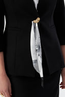 Black Women's Blazer Jacket and Pencil Skirt with Gold Button Detail and Scarf