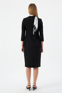 Black Women's Blazer Jacket and Pencil Skirt with Gold Button Detail and Scarf