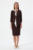 Gold Düğme Detaylı Fularlı Kahverengi Kadın Blazer Ceket ve Kalem Etek