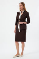 Gold Düğme Detaylı Fularlı Kahverengi Kadın Blazer Ceket ve Kalem Etek