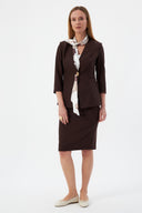 Brown Women's Blazer Jacket and Pencil Skirt with Gold Button Detail and Scarf