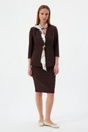 Brown Women's Blazer Jacket and Pencil Skirt with Gold Button Detail and Scarf
