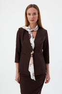 Brown Women's Blazer Jacket and Pencil Skirt with Gold Button Detail and Scarf