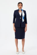 Navy Blue Women's Blazer Jacket and Pencil Skirt with Gold Button Detail and Scarf