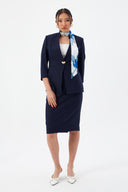 Gold Düğme Detaylı Fularlı Lacivert Kadın Blazer Ceket ve Kalem Etek