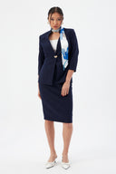 Navy Blue Women's Blazer Jacket and Pencil Skirt with Gold Button Detail and Scarf