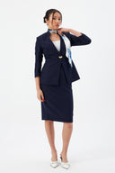 Gold Düğme Detaylı Fularlı Lacivert Kadın Blazer Ceket ve Kalem Etek
