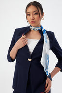 Navy Blue Women's Blazer Jacket and Pencil Skirt with Gold Button Detail and Scarf