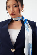 Navy Blue Women's Blazer Jacket and Pencil Skirt with Gold Button Detail and Scarf