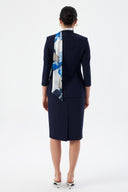 Navy Blue Women's Blazer Jacket and Pencil Skirt with Gold Button Detail and Scarf