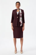 Gold Düğme Detaylı Fularlı Mürdüm Kadın Blazer Ceket ve Kalem Etek