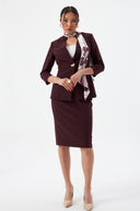 Gold Düğme Detaylı Fularlı Mürdüm Kadın Blazer Ceket ve Kalem Etek