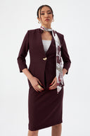 Plum Women's Blazer Jacket and Pencil Skirt with Gold Button Detail and Scarf
