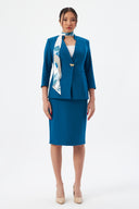 Women's Blazer Jacket and Pencil Skirt with Gold Button Detail and Scarf Set