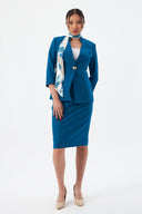 Gold Düğme Detaylı Fularlı Petrol Kadın Blazer Ceket ve Kalem Etek