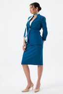 Women's Blazer Jacket and Pencil Skirt with Gold Button Detail and Scarf Set
