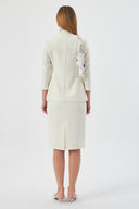 Women's Off-White Blazer Jacket and Pencil Skirt with Gold Button Detail and Scarf
